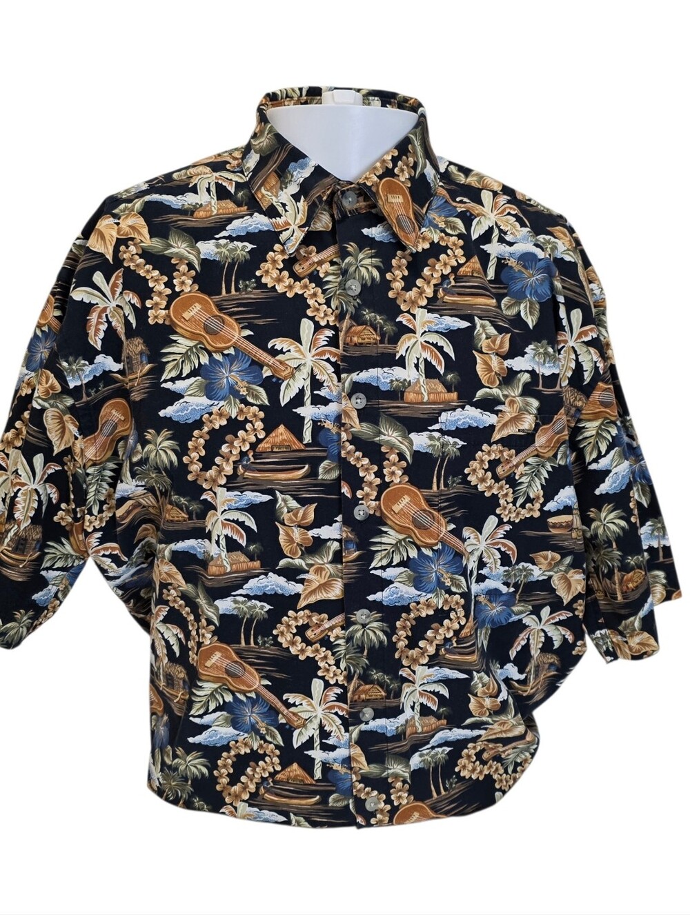 Pierre Cardin Black Short Sleeve Shirt with Brown & Blue Tropical Print - Picture 2 of 6